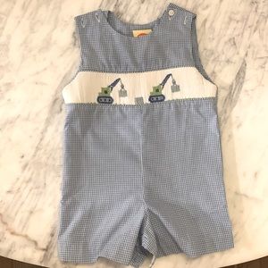 🚜💙Blue gingham smocked tractor one piece